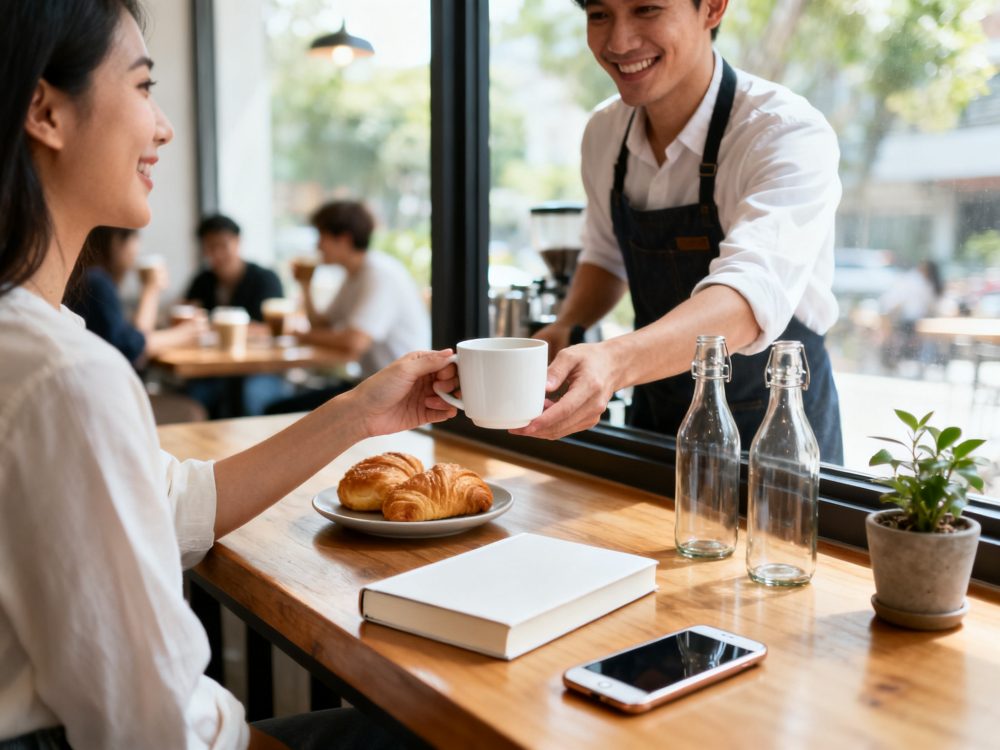 Cliente recebe chávena de café de empregado sorridente numa mesa com croissants e livro num café iluminado