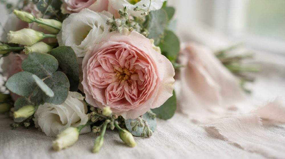 Bouquet de flores rosas e brancas com folhas verdes sobre tecido claro