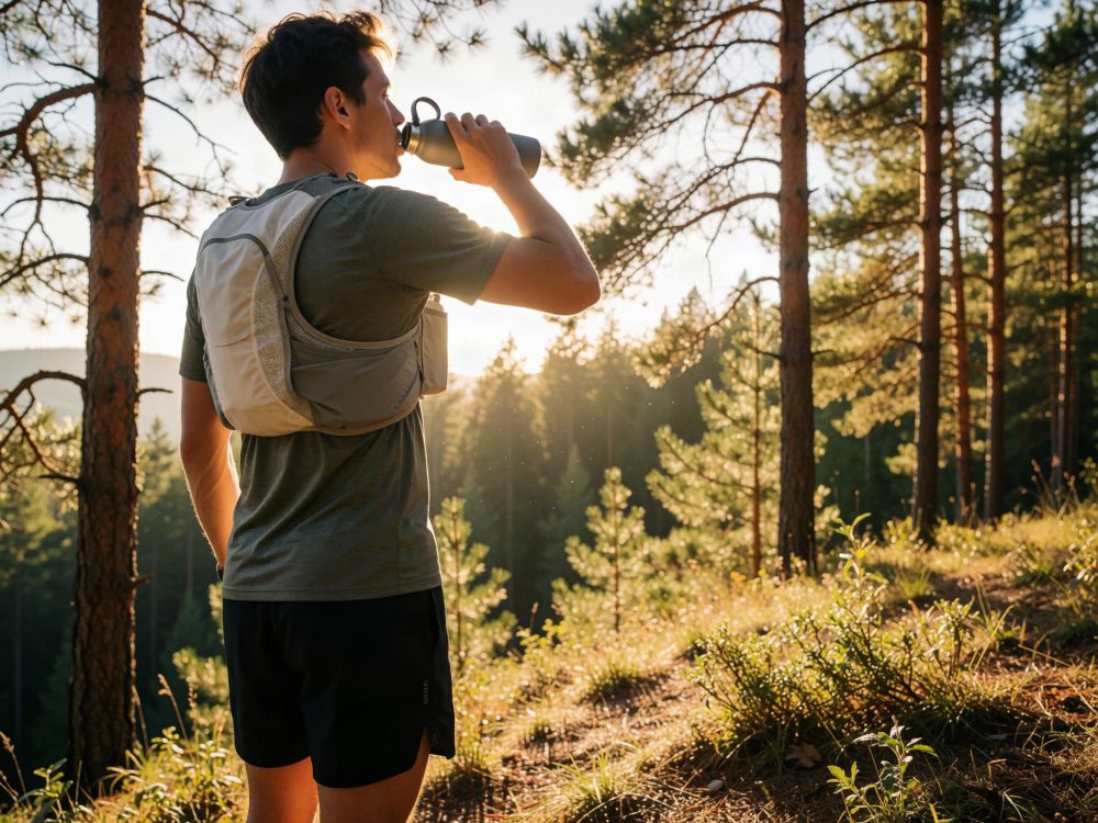 Homem com mochila de hidratação bebe água durante corrida na floresta ao pôr do sol