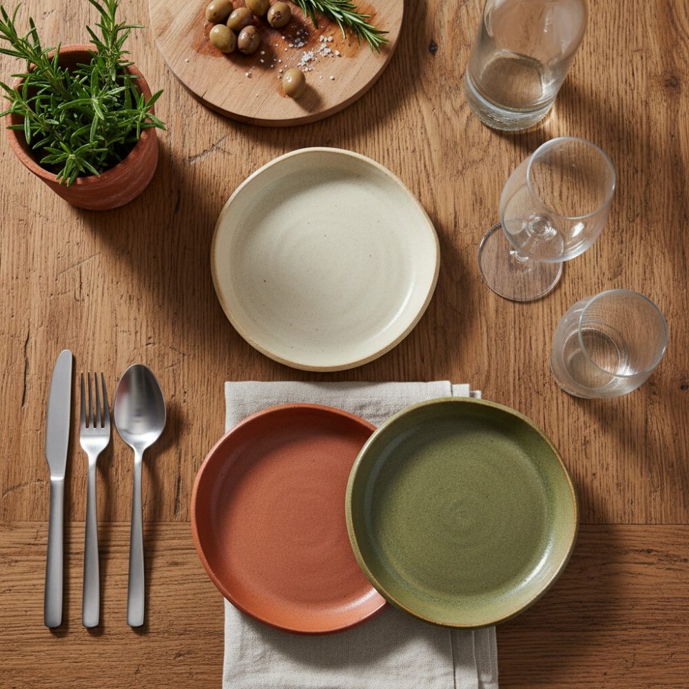 Mesa rústica com pratos coloridos, talheres, copos e erva aromática em ambiente de restauração