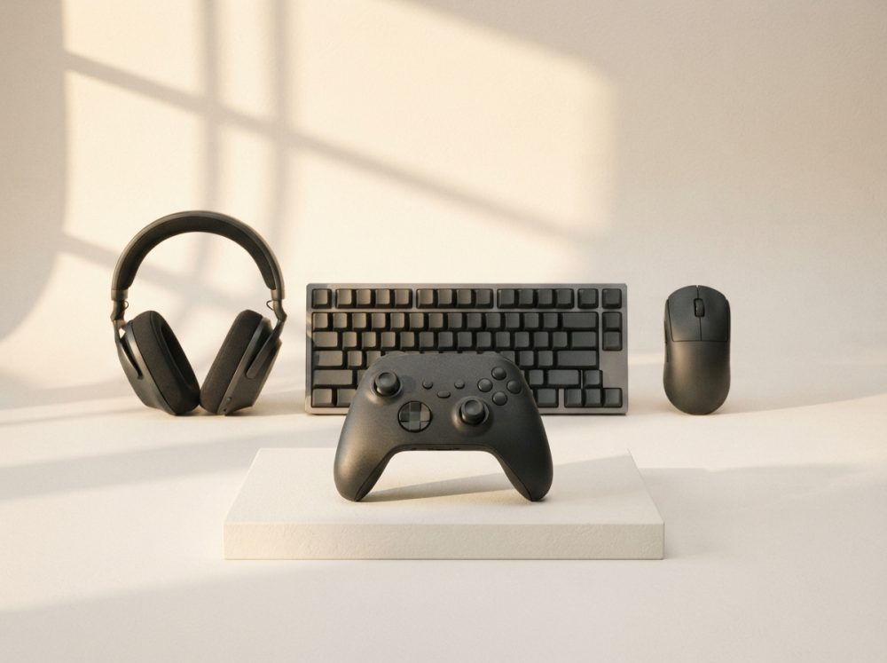 Conjunto preto de comando, teclado, rato e auscultadores para gaming em fundo claro