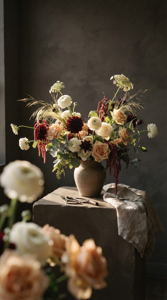 Arranjo floral com rosas e ranúnculos em vaso rústico sobre mesa de pedra com luz natural suave