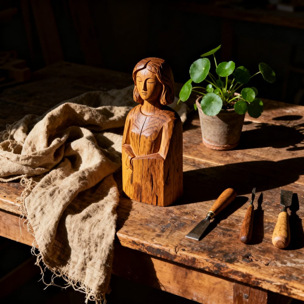 Escultura de mulher em madeira sobre mesa rústica com ferramentas e planta em vaso