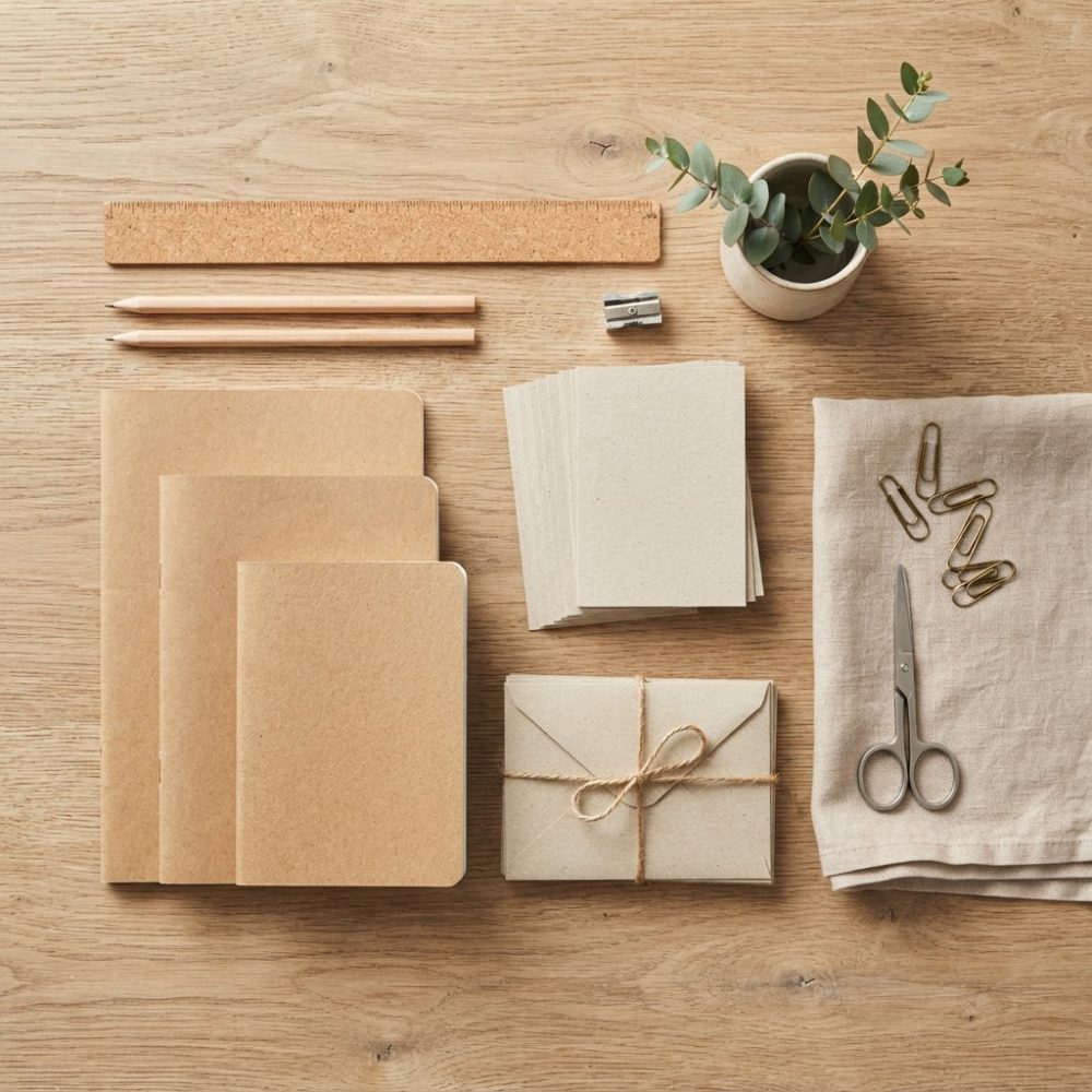 Conjunto organizado de materiais de papelaria em madeira clara com cadernos, lápis, envelopes e planta