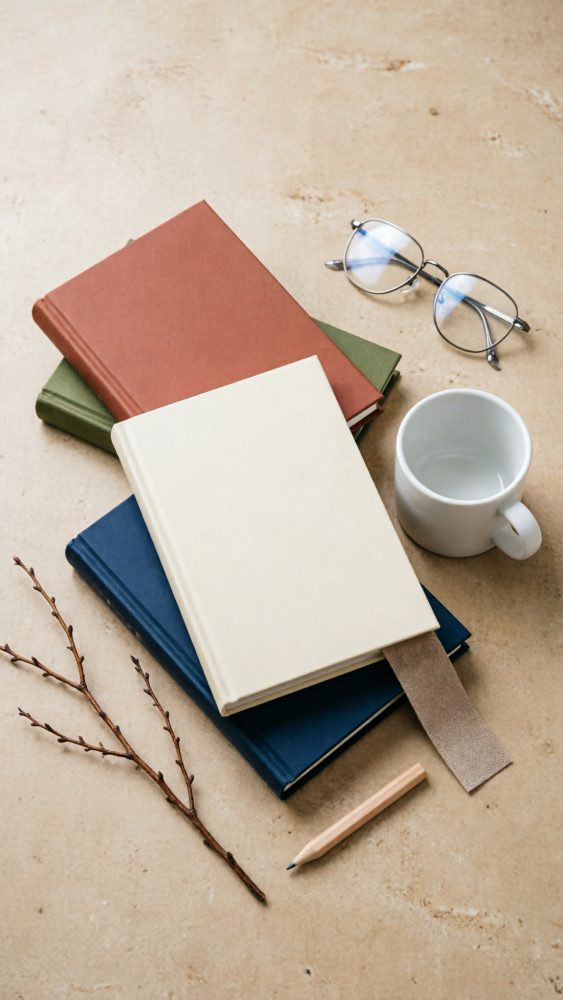 Conjunto de quatro livros empilhados com óculos, caneca branca, lápis e ramo sobre mesa neutra