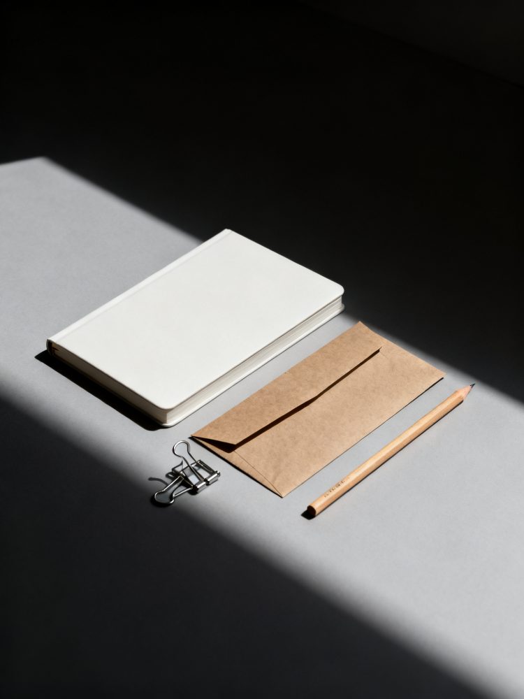 Caderno branco, envelope kraft, lápis de madeira e clipe metálico organizados sobre superfície cinzenta com luz e sombra