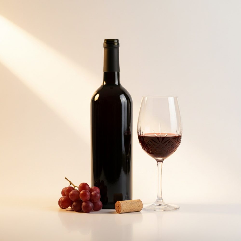 Garrafa de vinho tinto, copo com vinho, rolha e cachos de uvas vermelhas sobre superfície branca