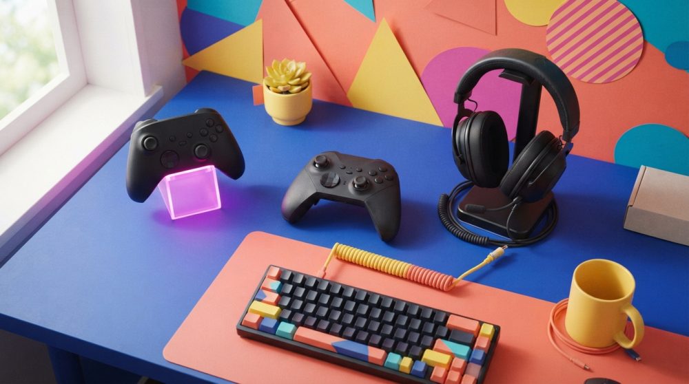 Setup para gaming colorido com comandos pretos, teclado multicolor, headset e planta suculenta numa mesa azul
