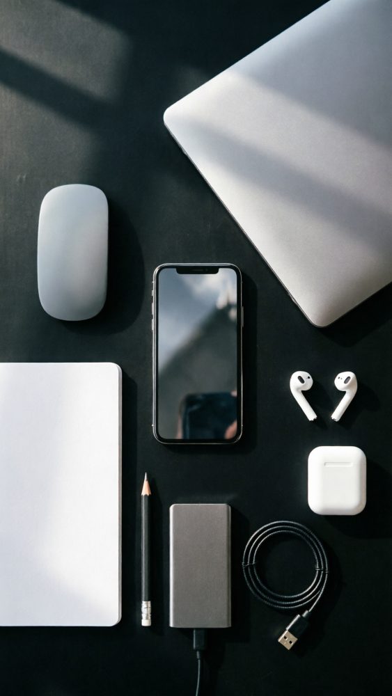 Dispositivos tecnológicos como smartphone, portátil, rato, auscultadores e power bank organizados sobre mesa escura