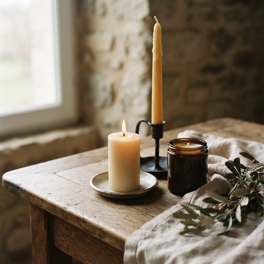 Velas decorativas sobre mesa rústica com ramo verde e luz natural suave