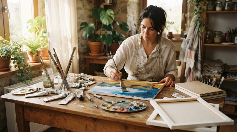 Mulher a pintar numa tela numa mesa com tintas e pincéis num atelier com plantas e luz natural