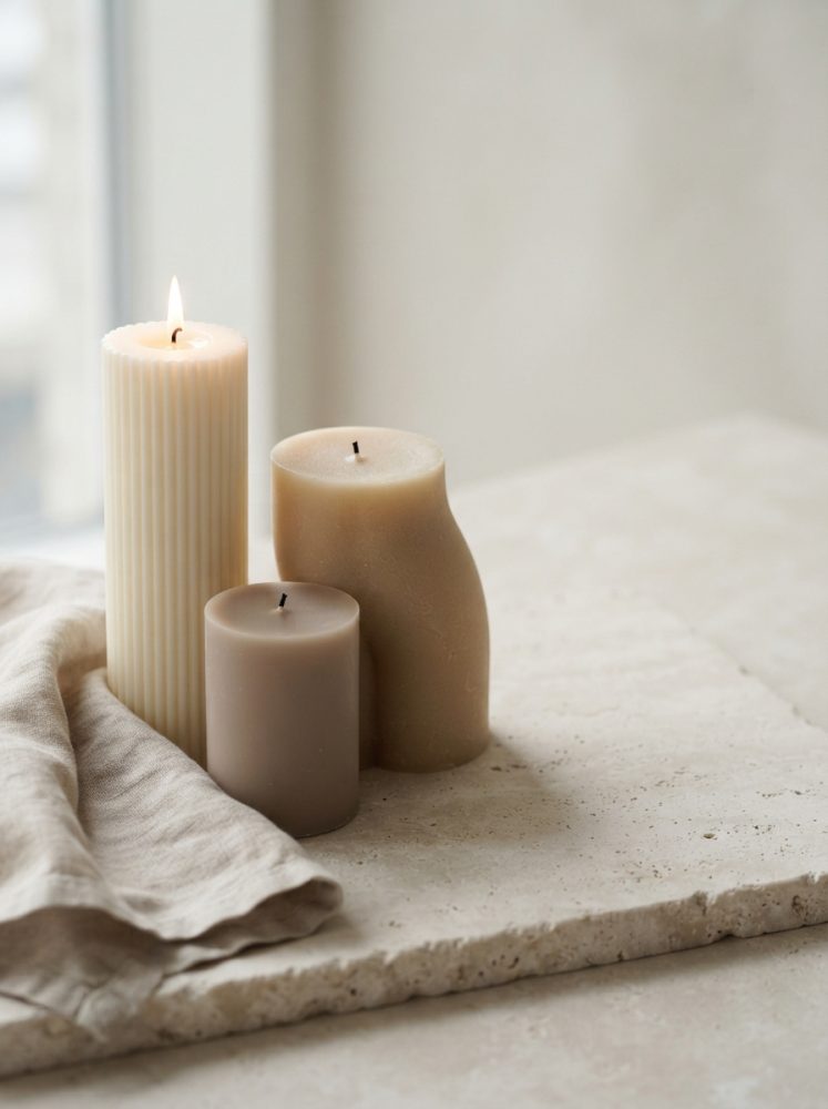 Três velas decorativas em diferentes formatos e tons neutros sobre superfície clara com tecido bege ao lado