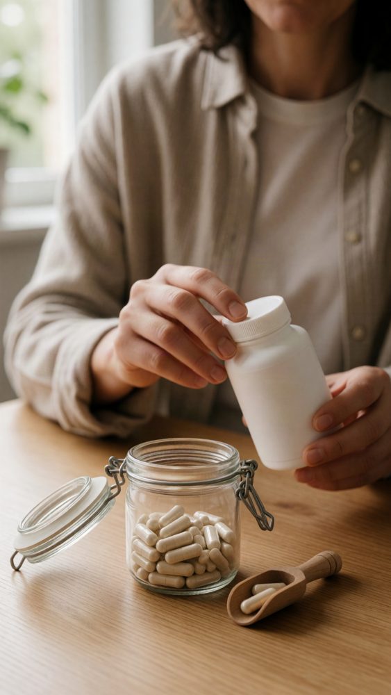 Mãos a abrir um frasco branco de suplemento com cápsulas em frasco de vidro e colher de madeira na mesa