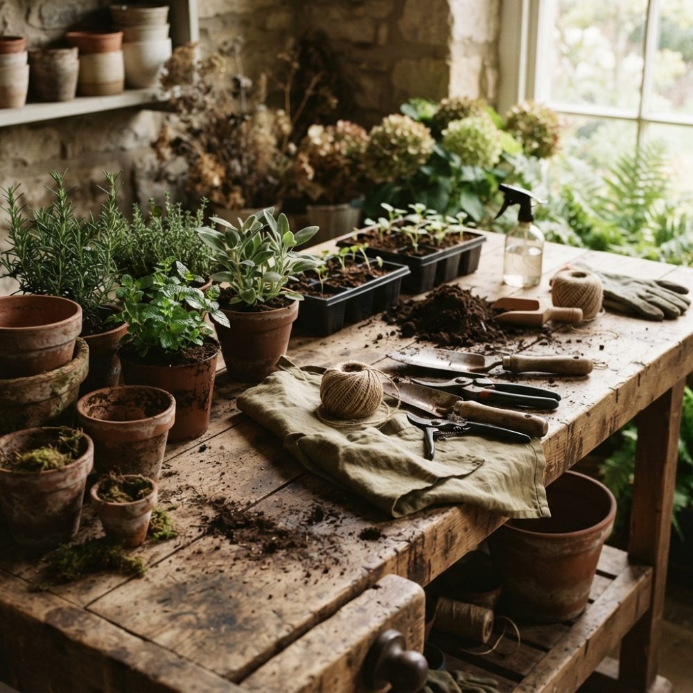 Mesa de madeira com vasos de barro, plantas aromáticas, ferramentas de jardinagem e terra à luz natural.