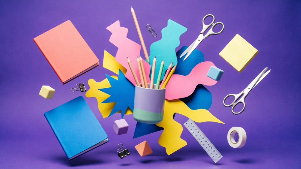 Material de papelaria colorido com lápis, tesouras, cadernos e notas adesivas sobre fundo roxo