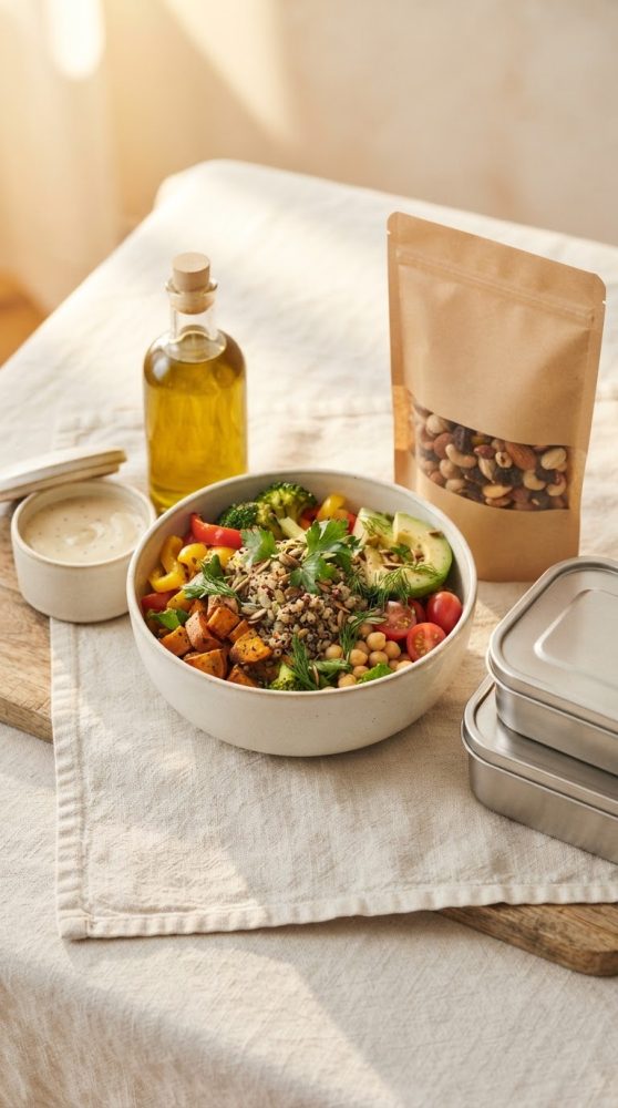 Salada fresca colorida com vegetais, sementes, azeite, molho e frutos secos em embalagem