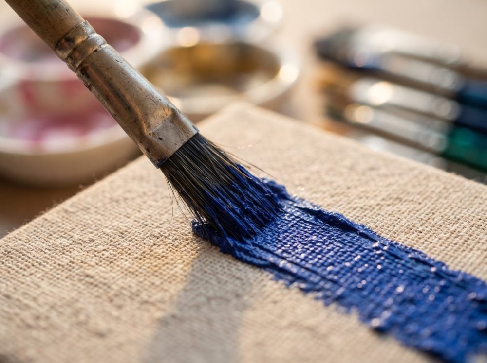 Pincel pintando uma tela com tinta azul intenso, fundo desfocado com potes de tinta