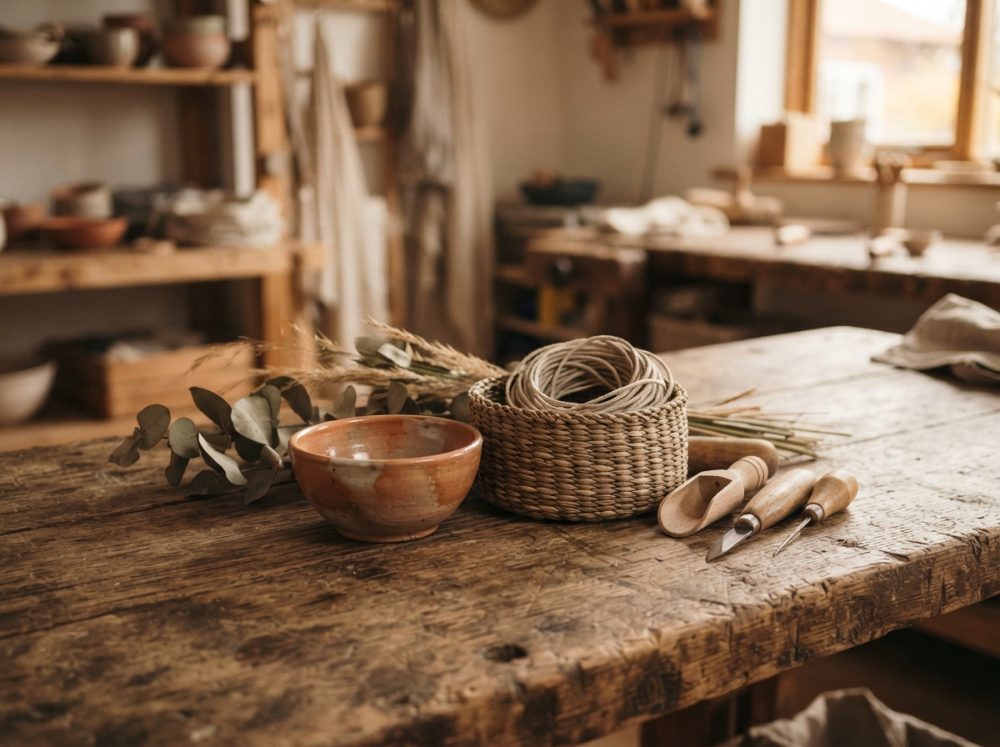 Mesa de madeira com cesto trançado, corda, tigela de barro e ferramentas de artesanato em ambiente rústico