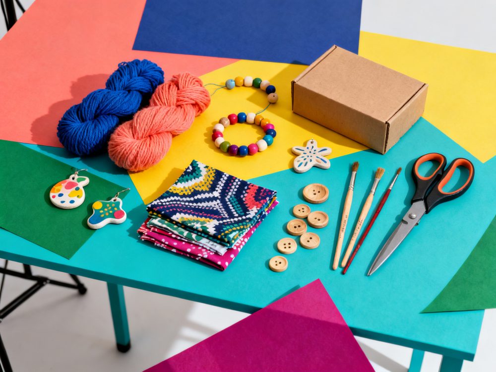 Mesa com material de artesanato colorido incluindo lãs, botões, tecidos, pincéis, tesoura e bijuteria