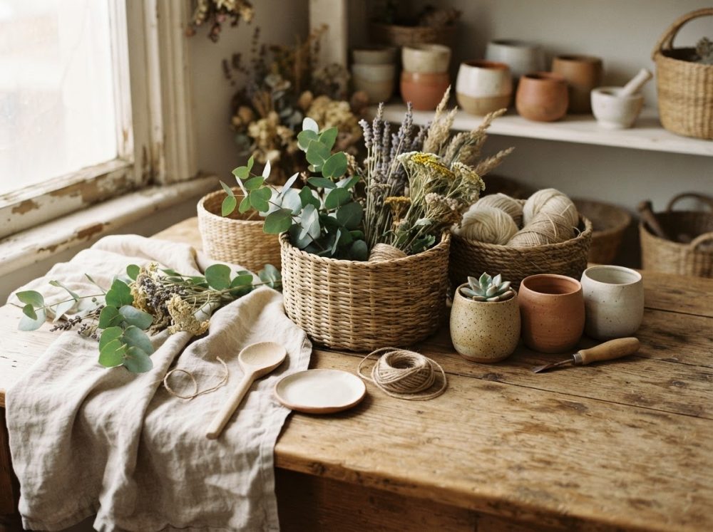 Mesa de madeira com cestos artesanais, flores secas, novelos de lã e pequenos vasos cerâmicos