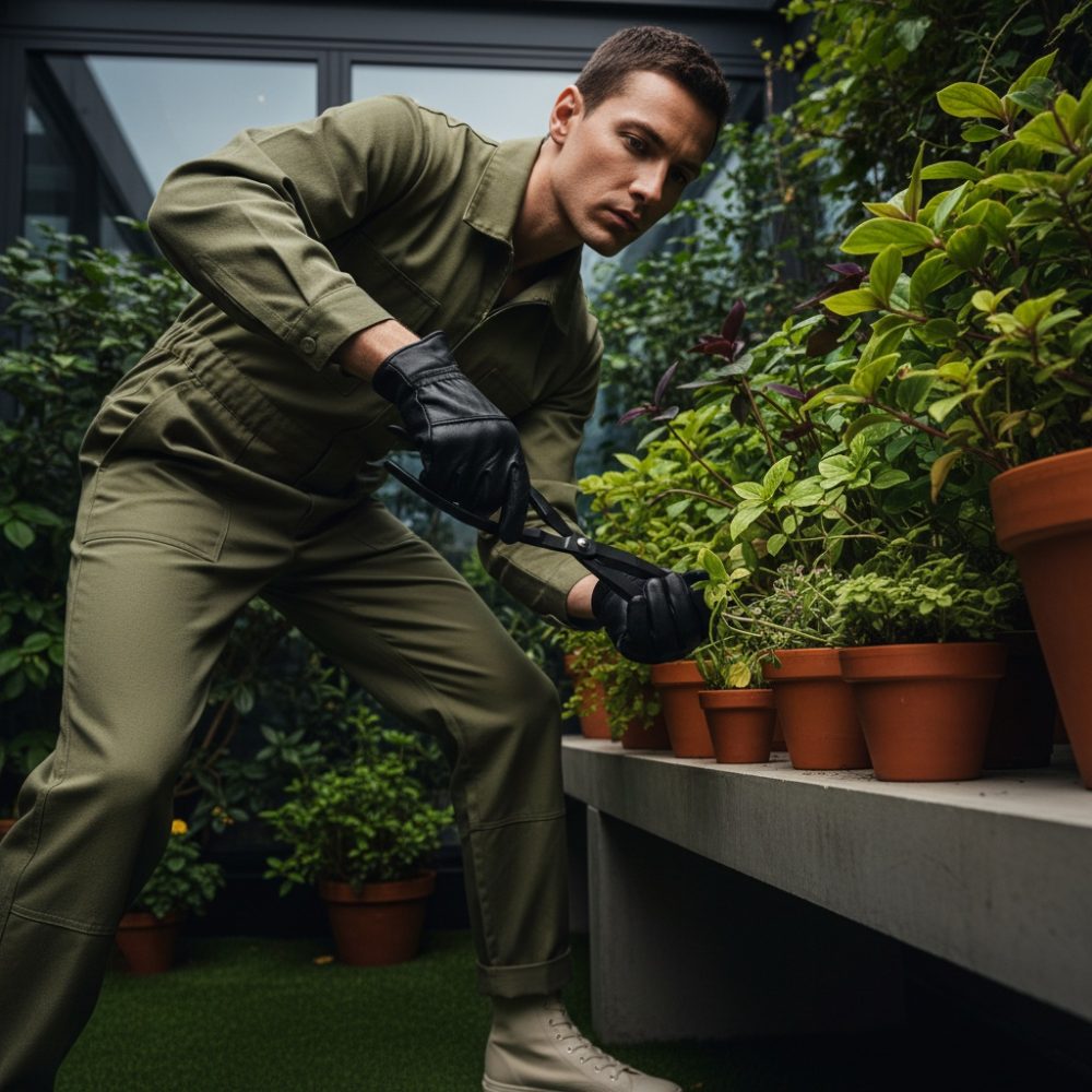 Homem com fato verde e luvas a podar plantas em vasos de barro numa área de jardinagem interior