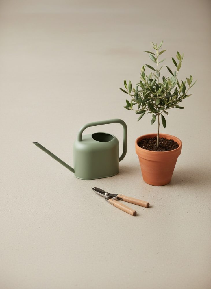 Kit de jardinagem com regador verde, tesoura de poda e planta em vaso de barro, sobre fundo claro neutro