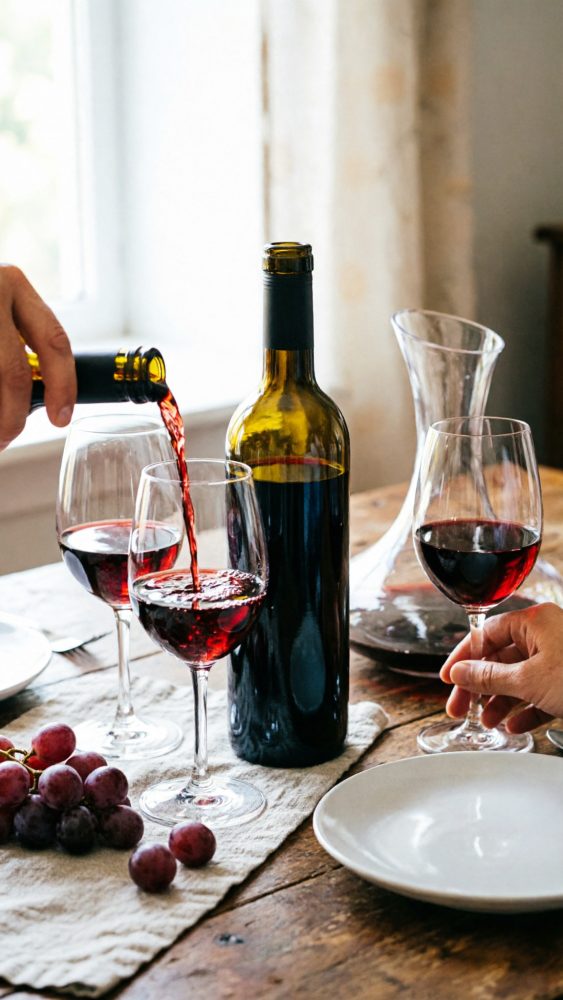 Pessoa a servir vinho tinto em taça com garrafa, uvas e decantador sobre mesa rústica