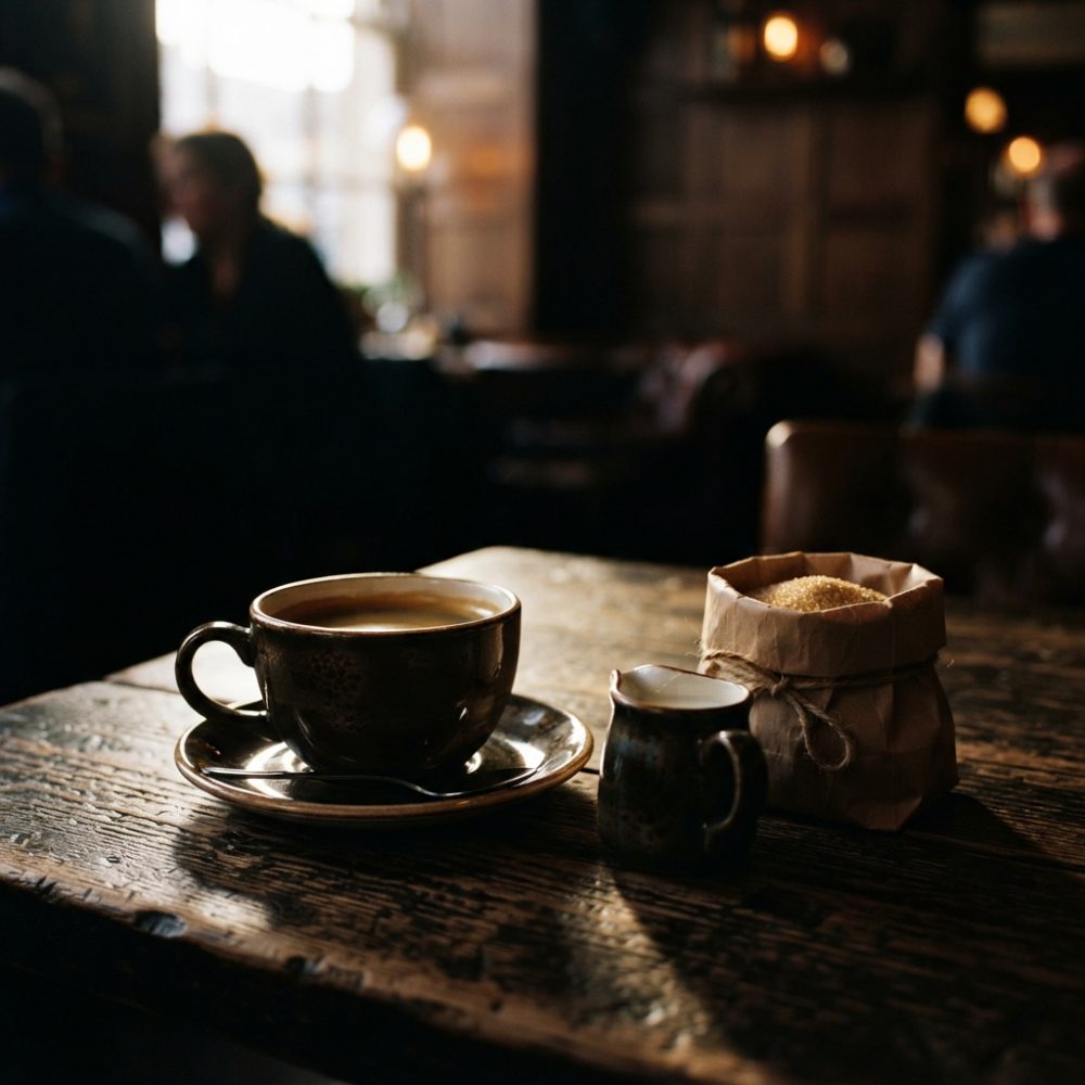 Chávena de café com leite e açúcar servidos numa mesa de madeira rústica num café acolhedor