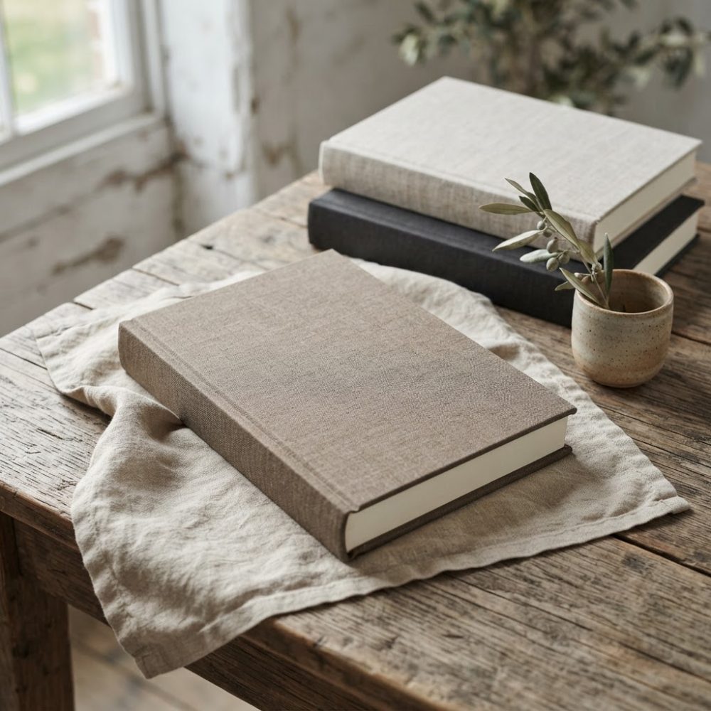 Três livros com capas de tecido e um vaso com ramo sobre mesa de madeira rústica à luz natural