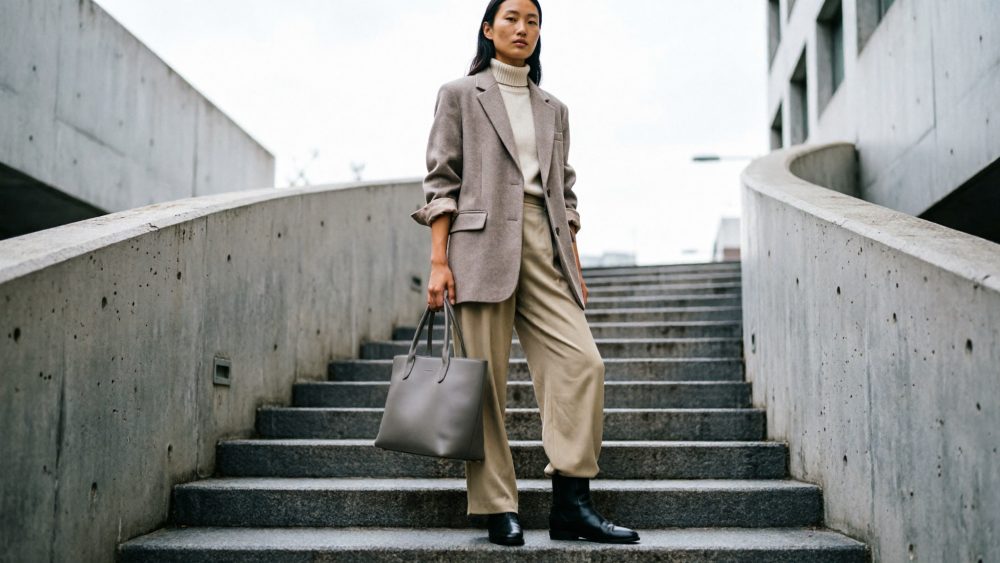 Mulher em escadaria urbana com blazer cinza, calças largas bege, camisola creme e botins pretos