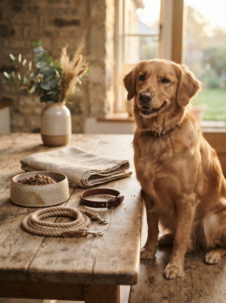 Golden Retriever sentado junto a mesa de madeira com coleira, trela e tigela de ração