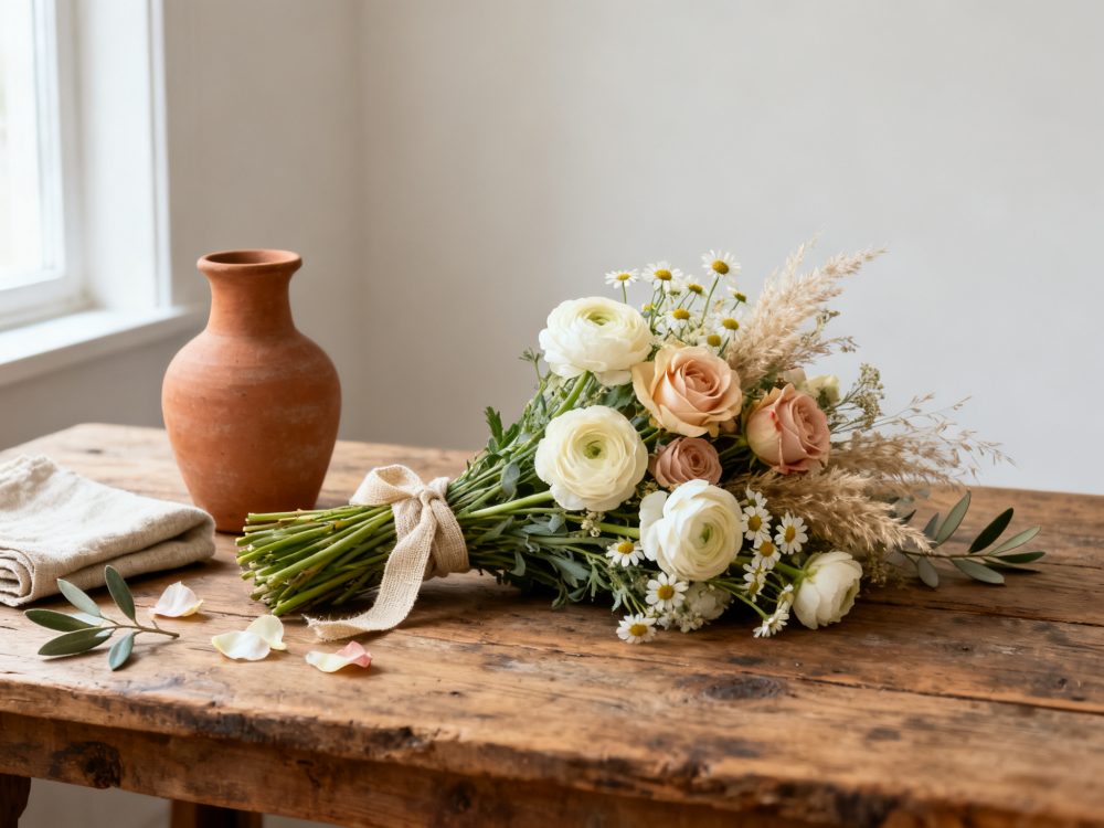 Buquê de flores rústicas com rosas creme e ranúnculos brancos numa mesa de madeira