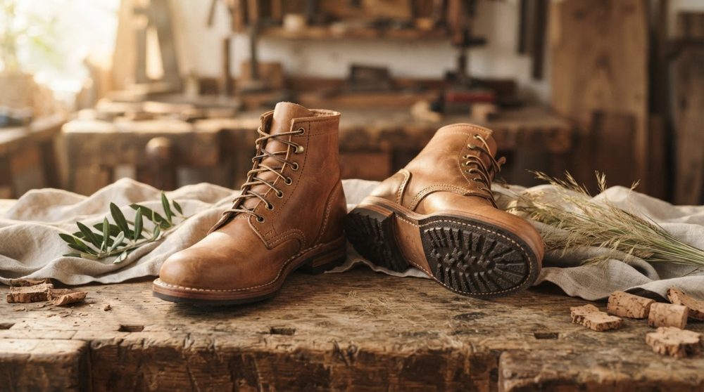 Botas castanhas em pele sobre bancada de madeira rústica com decoração natural
