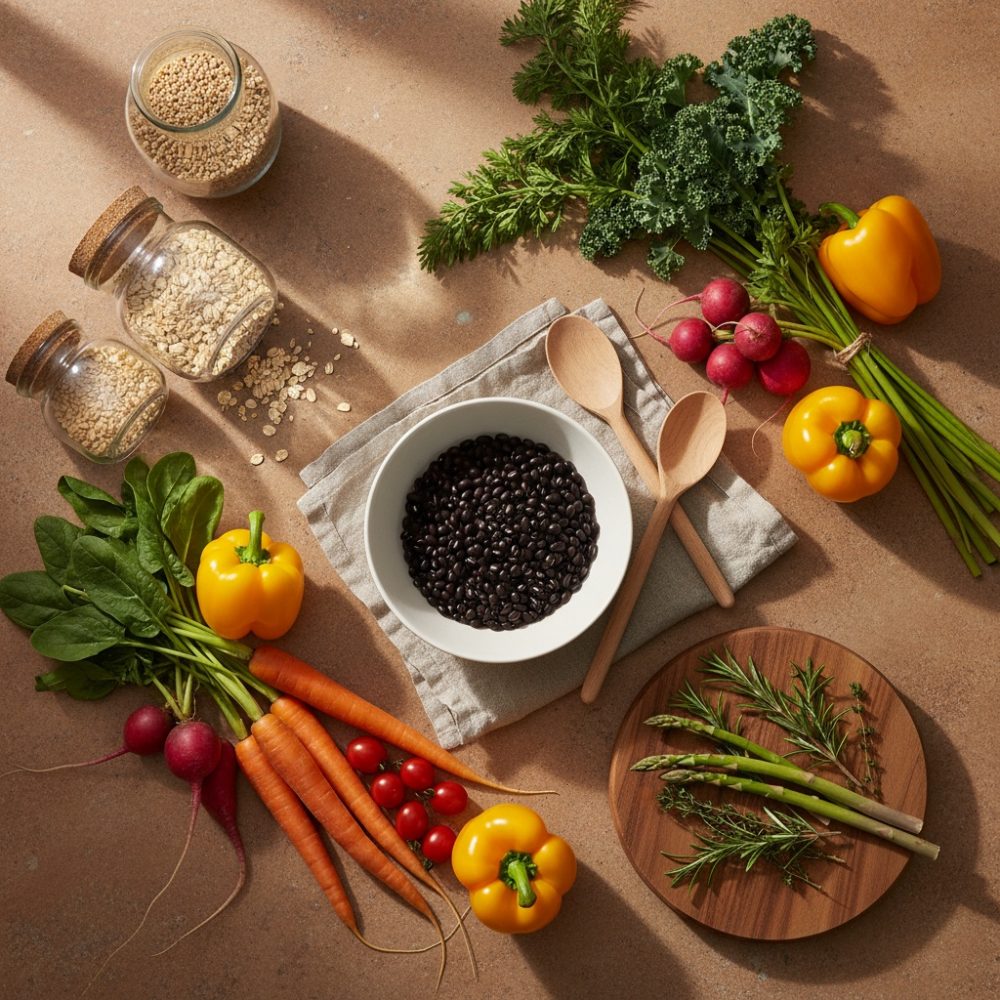 Legumes frescos, feijão preto, grãos e ervas aromáticas organizados sobre superfície clara
