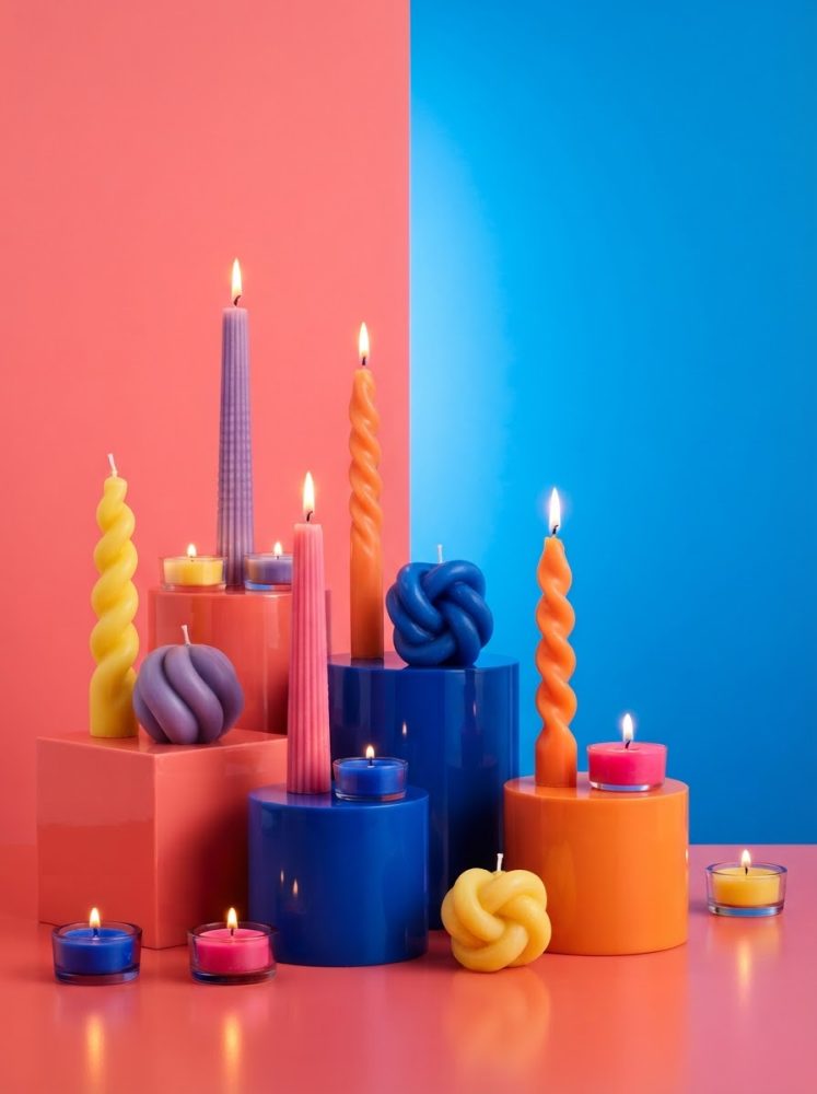 Diversas velas coloridas em formas espiraladas e nós decorativos sobre suportes azuis e laranja com fundo rosa e azul.