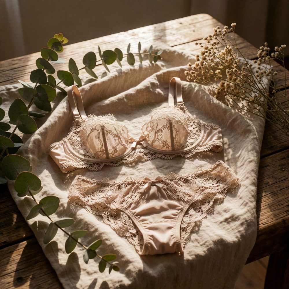 Conjunto de lingerie bege com renda floral sobre tecido claro e mesa de madeira com folhas e flores
