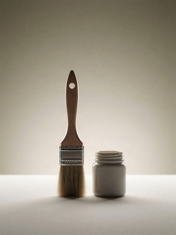 Pincel de cabo de madeira com frasco branco para tinta ou verniz sobre superfície clara
