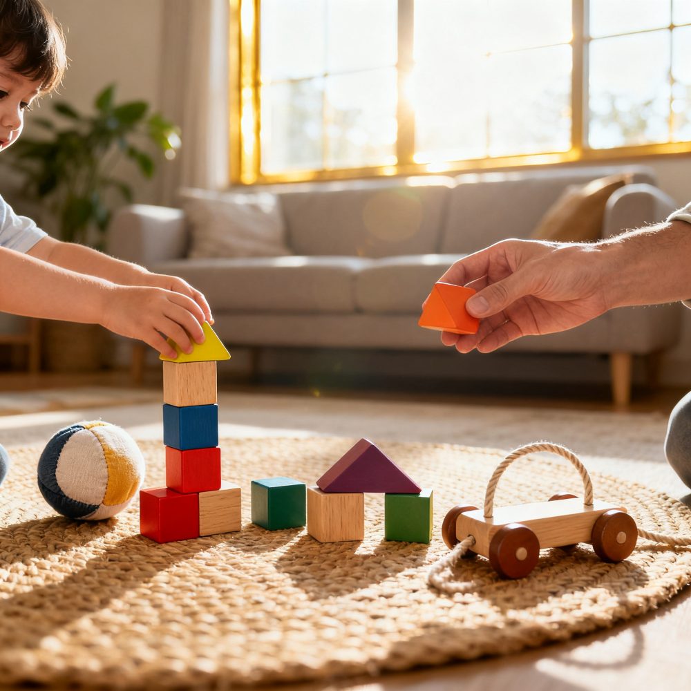 Criança e adulto brincando com blocos coloridos de madeira numa sala com luz natural