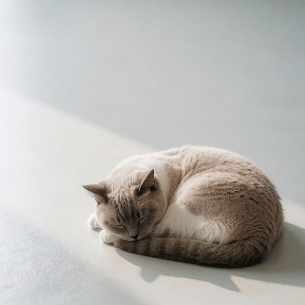 Gato cinzento enrolado a dormir numa superfície iluminada por luz natural suave