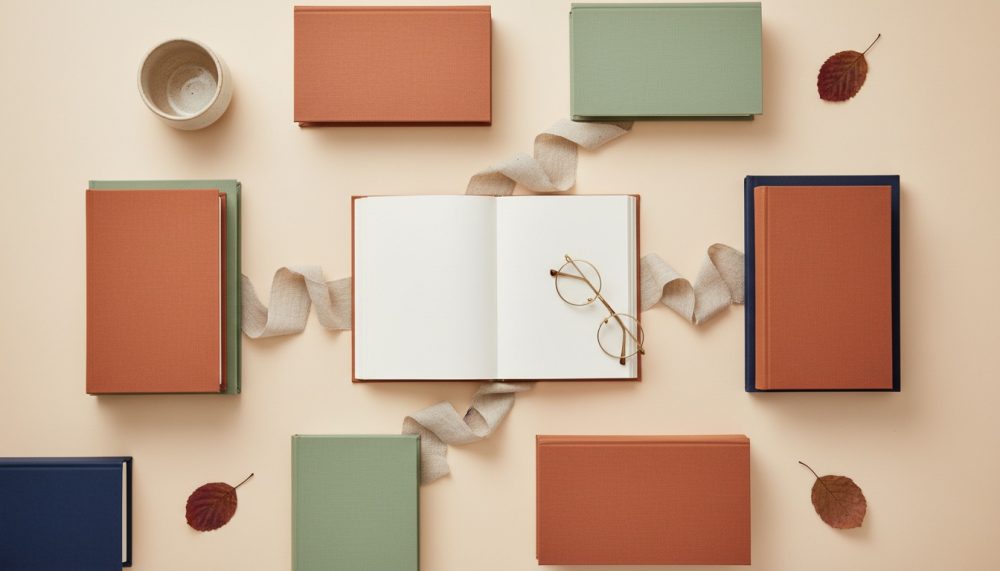 Livros de capa dura em verde, azul e terracota, com óculos e folhas secas sobre fundo bege