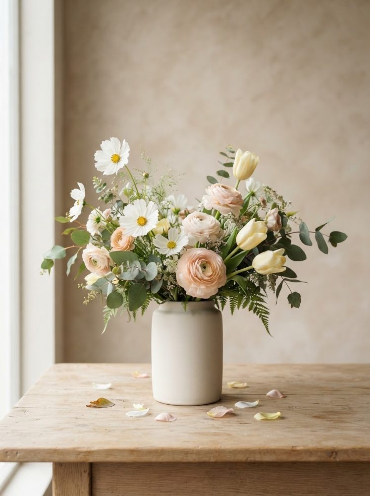 Bouquet de flores brancas e creme em vaso branco sobre mesa de madeira clara com luz natural.