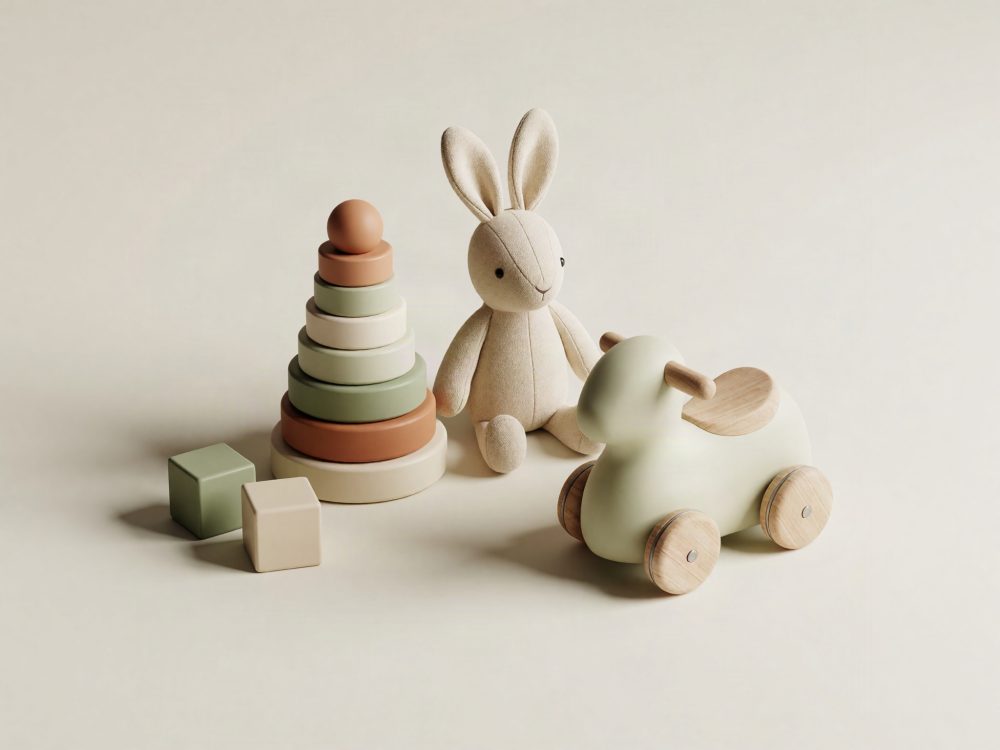 Brinquedos de pelúcia e madeira em tons neutros com coelho, empilhável e carrinho
