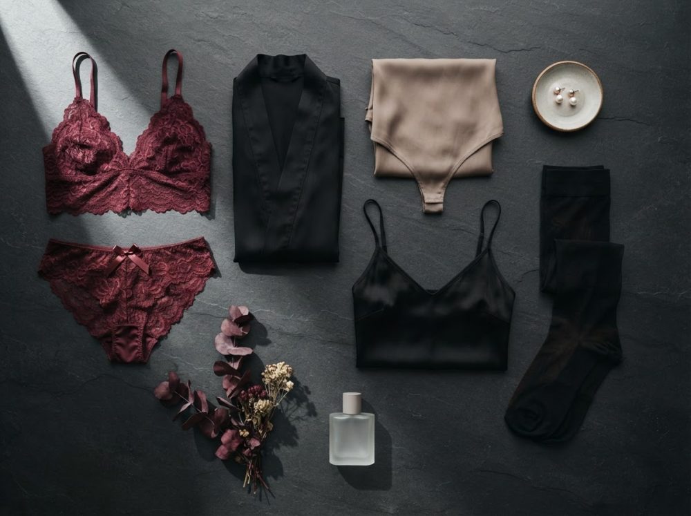 Conjunto de lingerie com renda grená, camisola preta, cinta-liga bege, meias pretas e acessórios delicados