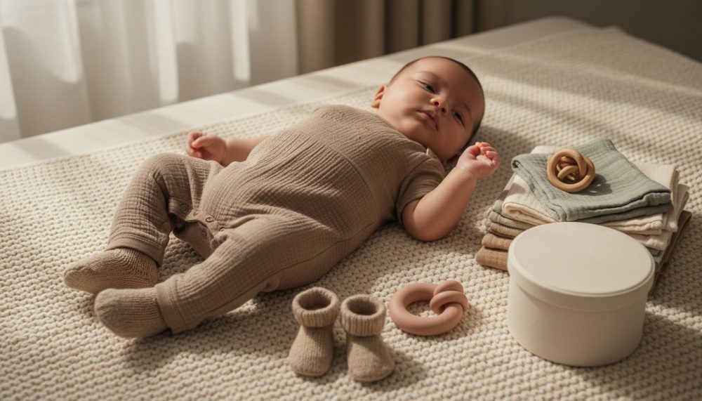 Bebé deitado com macacão bege rodeado por meias, brinquedos e panos dobrados