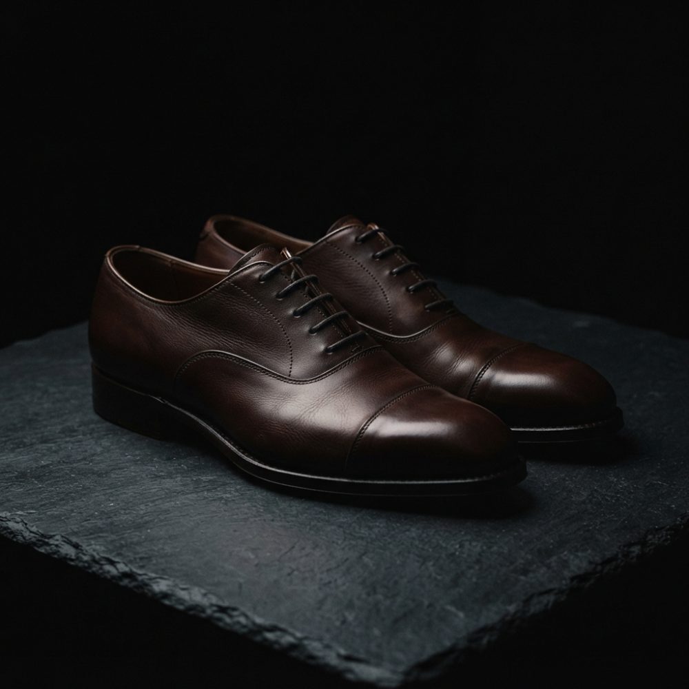 Par de sapatos clássicos castanho escuro em couro sobre base preta texturada