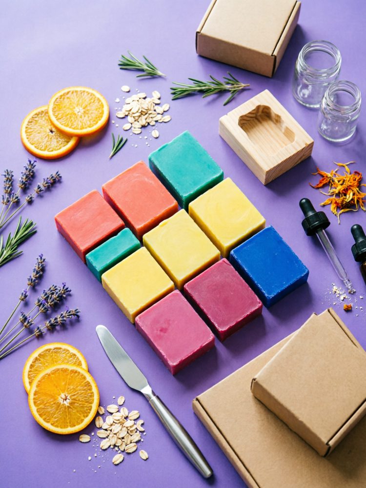 Barras coloridas de sabão artesanal com ingredientes naturais ao redor sobre fundo lilás