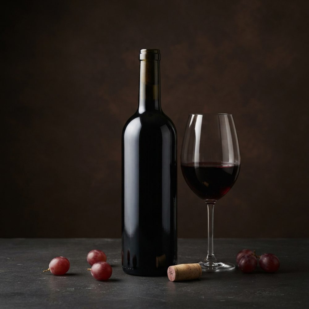 Garrafa de vinho tinto, copo com vinho, rolha e bagos de uva vermelha sobre superfície escura