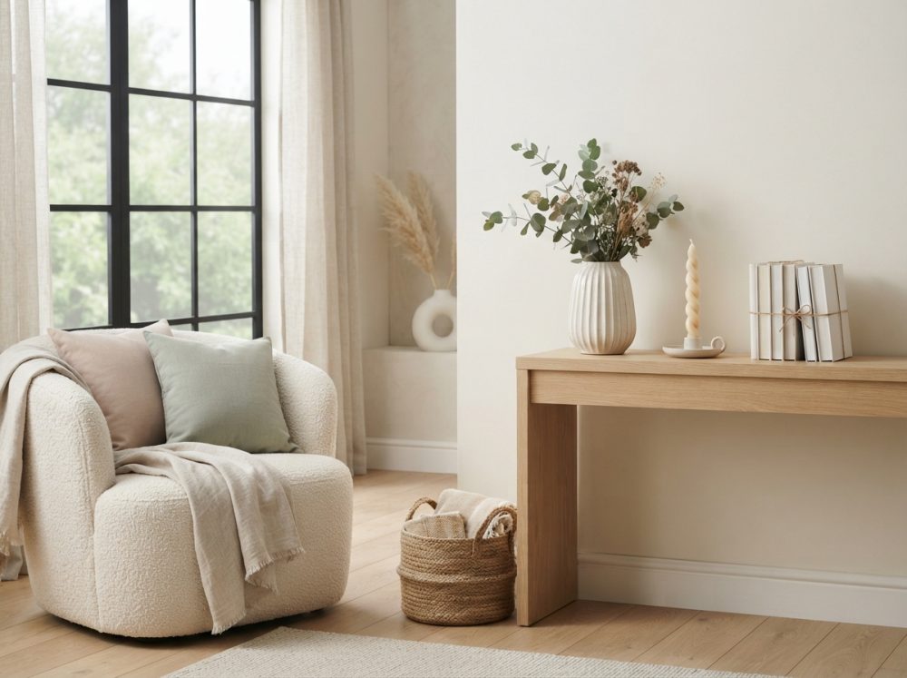 Sala charmosa com poltrona cremosa, consola de madeira, vaso, vela e livros na decoração