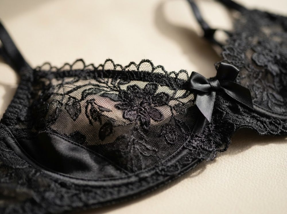 Soutien preto de renda com detalhes florais e laço em cetim