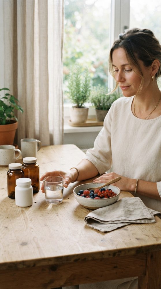 Mulher com frascos de suplementos, copo de água e taça de frutos vermelhos numa mesa de madeira clara